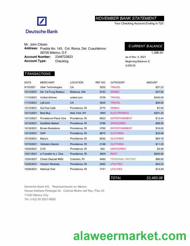 Mexico Deutsche bank statement easy to fill template in Excel and PDF format